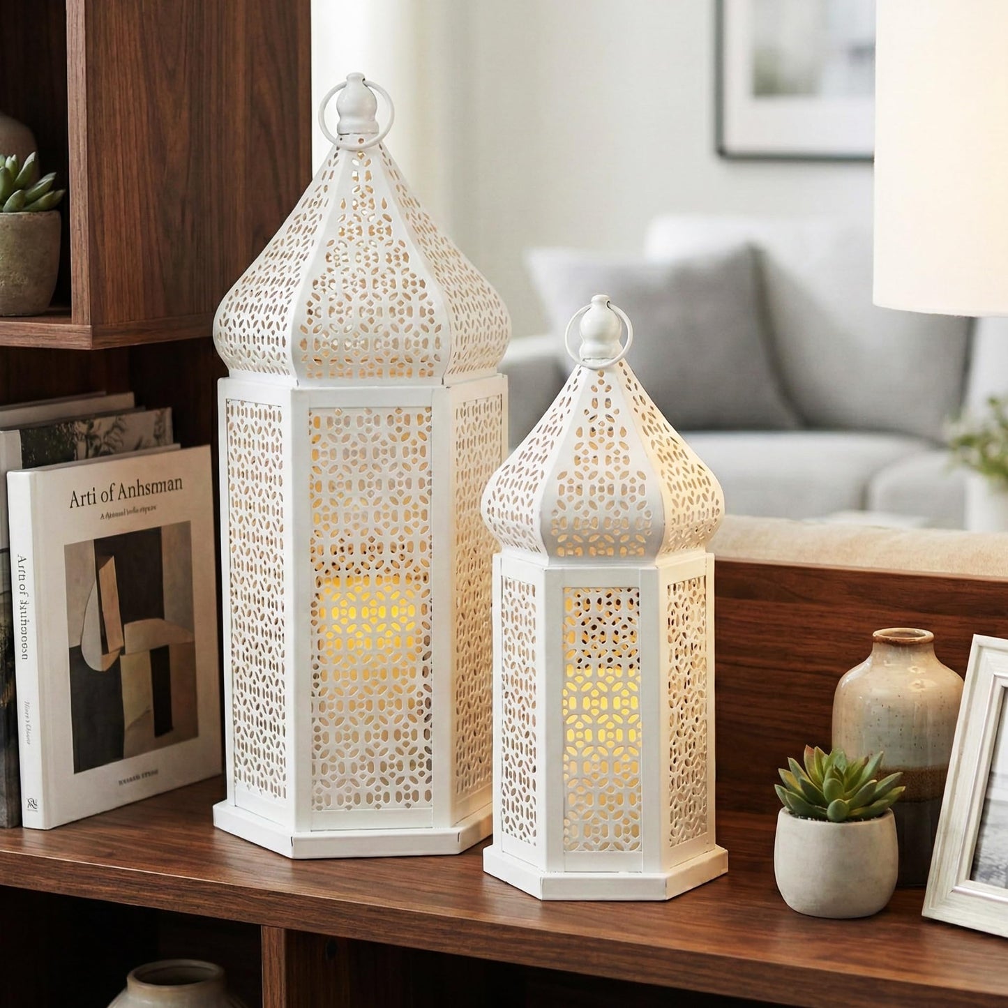 Tower Temple Moroccan Lantern Lamp Decorative Candle Holders - White Set of 2 - PT07