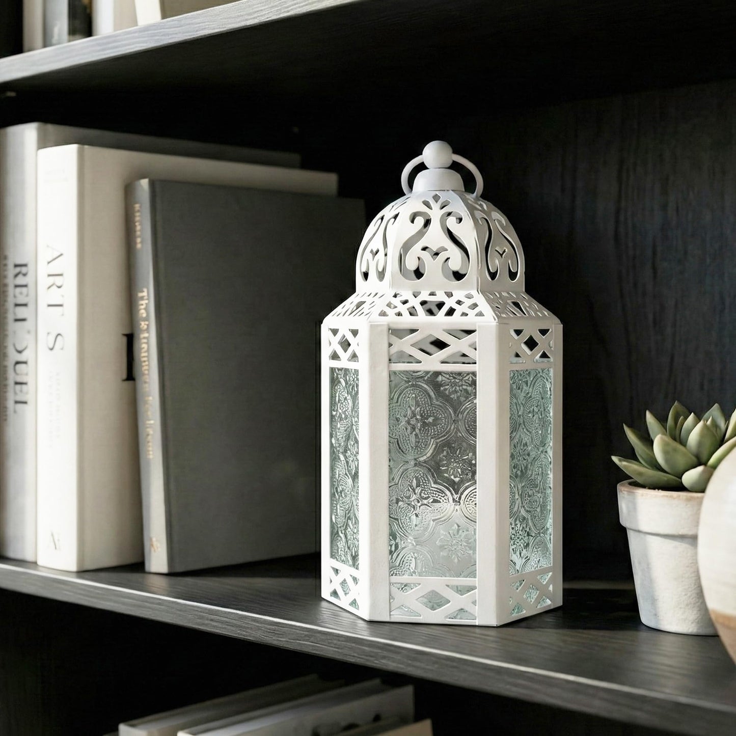 Black Metal Decorative Moroccan Lantern Candle Holder Lamp - Indoor/Outdoor, Home Decor, Patio, Weddings, Christmas - White/Clear Small - PT03