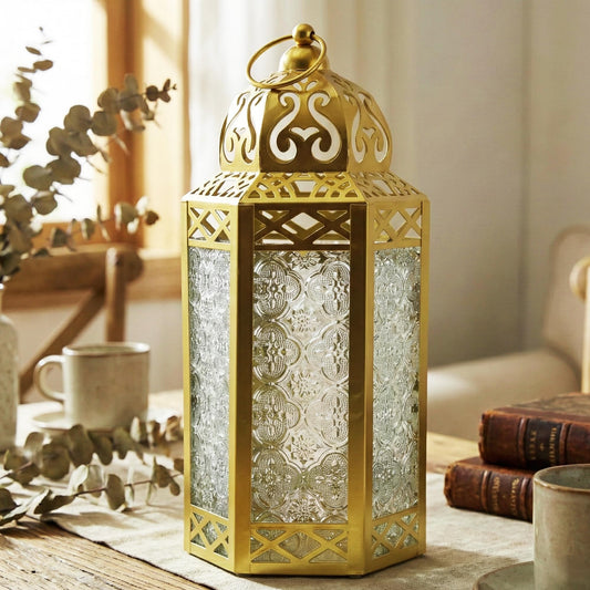 Gold Metal Decorative Moroccan Lantern Candle Holder Lamp - Indoor/Outdoor, Home Decor, Patio, Weddings, Christmas - Gold Large - MAIN