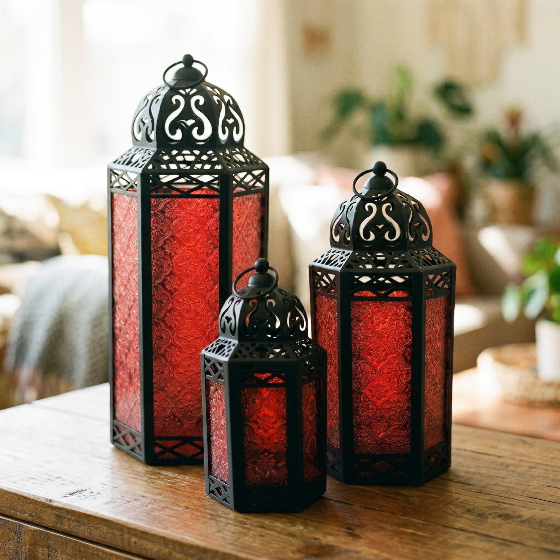 Set of 3 Red Glass & Black Metal Moroccan Candle Lantern Holders (XL, Large, Small) - Decorative Indoor/Outdoor Decor for Patio, Floor, Weddings & Ramadan - Red XL-LAR-SM - PT07