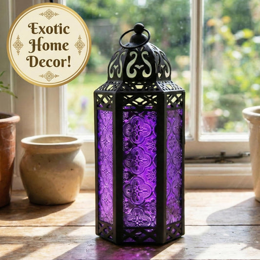 Black Metal Decorative Moroccan Lantern Candle Holder Lamp - Indoor/Outdoor, Home Decor, Patio, Weddings, Christmas - Purple Medium - PT01