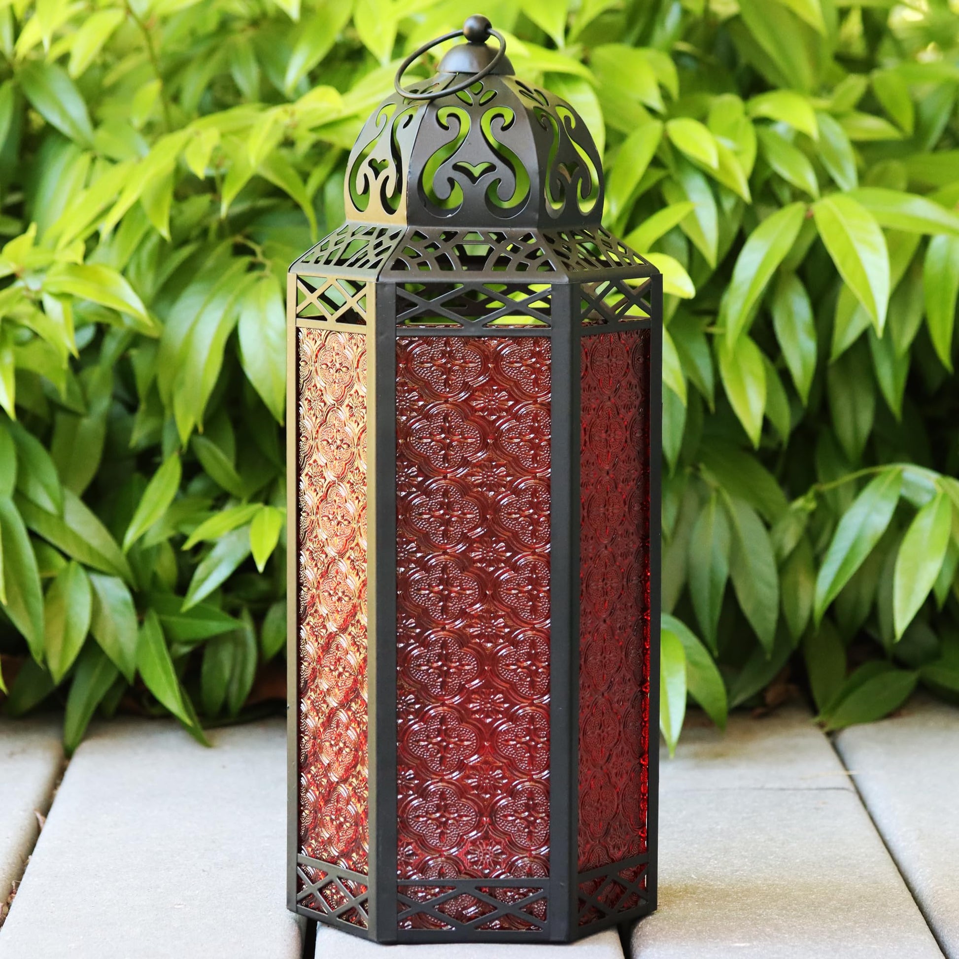 Black Metal Decorative Moroccan Lantern Candle Holder Lamp - Indoor/Outdoor, Home Decor, Patio, Weddings, Christmas - Red Extra Large - PT01