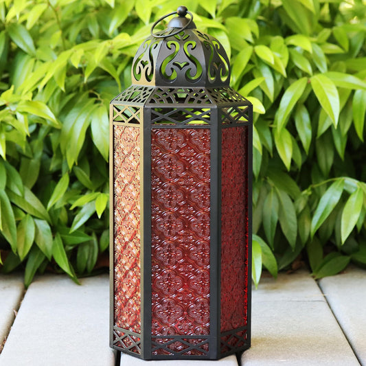 Black Metal Decorative Moroccan Lantern Candle Holder Lamp - Indoor/Outdoor, Home Decor, Patio, Weddings, Christmas - Red Extra Large - PT01