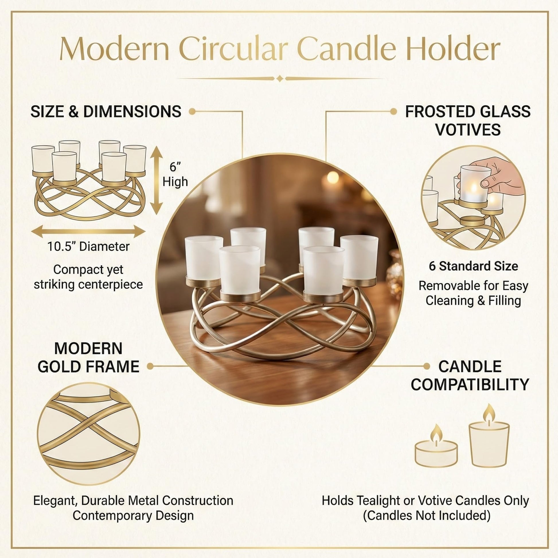 Iron Round Table Decor Centerpiece Decorations Candle Holder for Weddings, Outdoor Patio, Kitchen, Dining Room, and Coffee Tables, Glass Votive Tealight Holders - Gold/Frosted 6-Cup - PT03