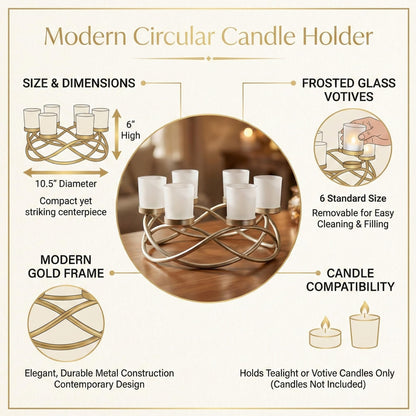 Iron Round Table Decor Centerpiece Decorations Candle Holder for Weddings, Outdoor Patio, Kitchen, Dining Room, and Coffee Tables, Glass Votive Tealight Holders - Gold/Frosted 6-Cup - PT03