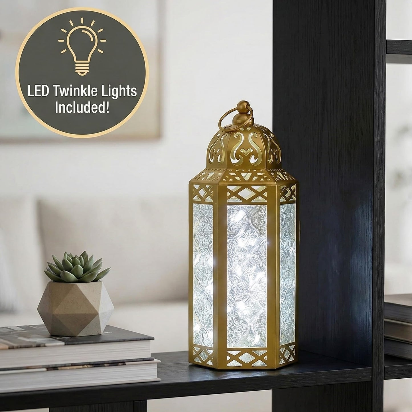 Metal Moroccan Decorative LED Fairy Lights Candle Lantern Holders for Indoor Home Fantasy Decor, Table Centerpieces, Outdoor Patio or Porch, Weddings, Medium - Gold Medium - PT01