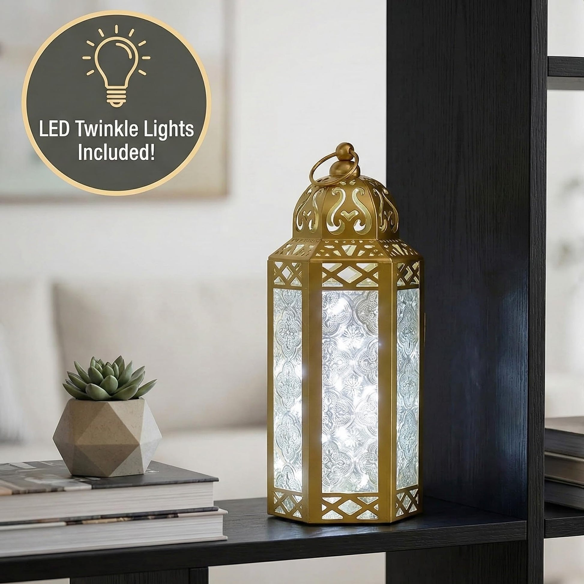 Metal Moroccan Decorative LED Fairy Lights Candle Lantern Holders for Indoor Home Fantasy Decor, Table Centerpieces, Outdoor Patio or Porch, Weddings, Medium - Gold Medium - PT01