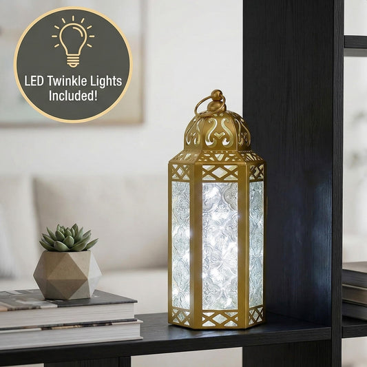 Metal Moroccan Decorative LED Fairy Lights Candle Lantern Holders for Indoor Home Fantasy Decor, Table Centerpieces, Outdoor Patio or Porch, Weddings, Medium - Gold Medium - PT01