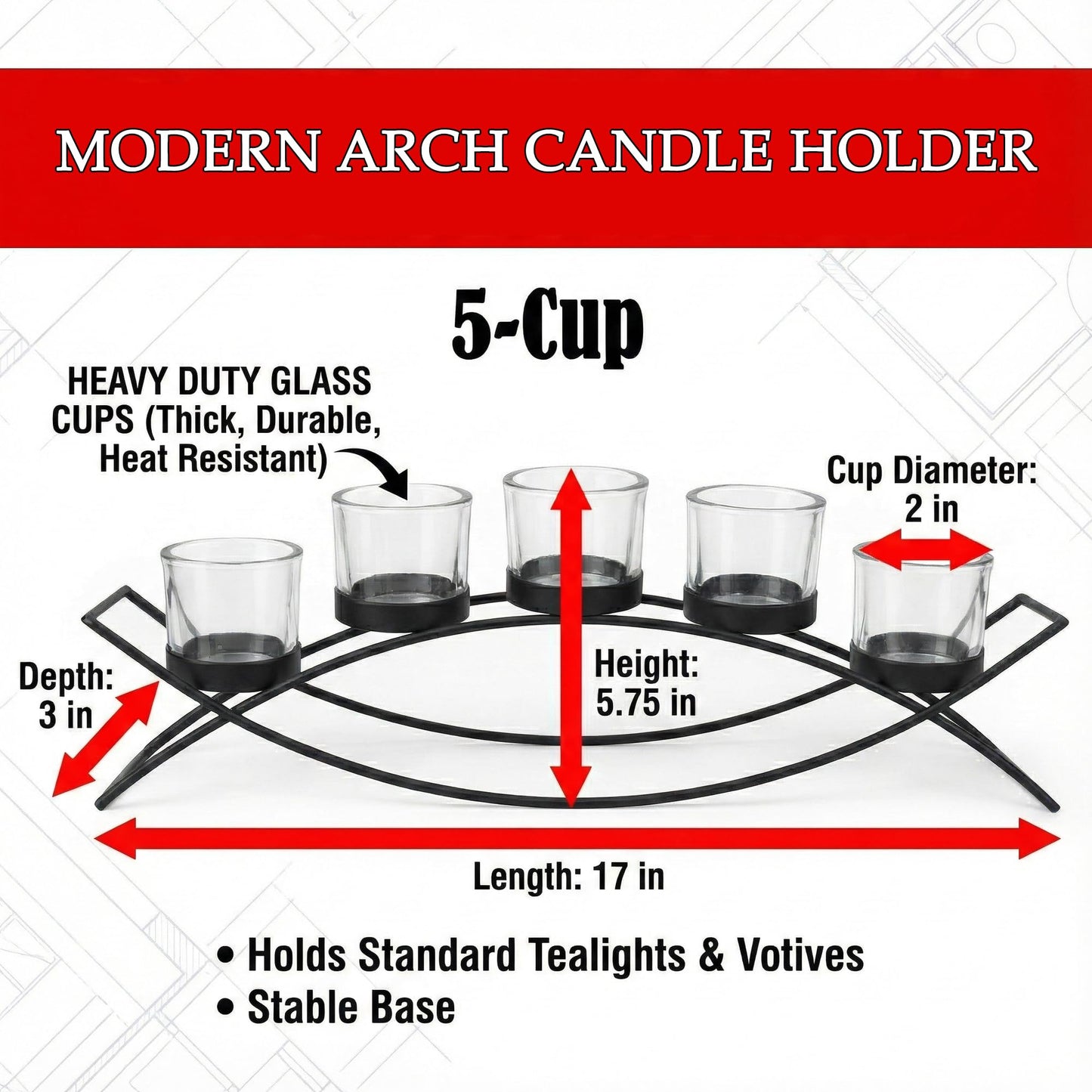 Iron Arch Table Centerpiece Decorations Long Candle Holder for Weddings, Patio, Kitchen, Dining Room, and Coffee Tables, White, Clear Chunky 5 Cups - White 5 Cup - PT03