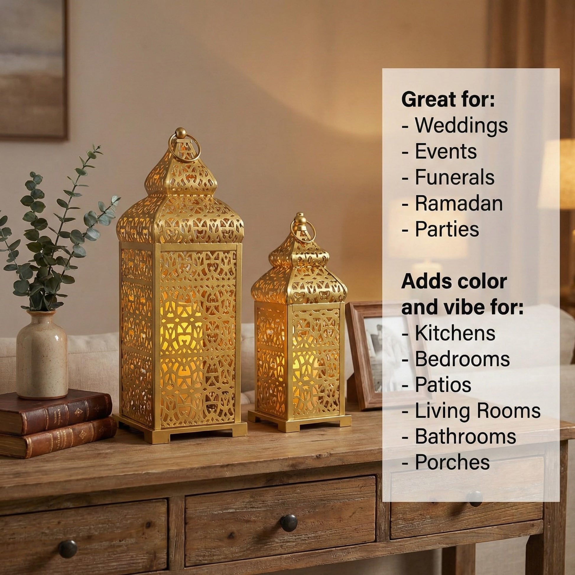 Golden Temple Moroccan Lantern Lamp Decorative Candle Holders for Ramadan Decorations, Hanging, Outdoor Patio or Porch, Indoor Home Decor, Gold, Set of 2 (11" a - Gold 11" and 15" - PT02