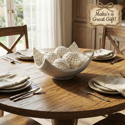 5pc Scoop Bowl Table Centerpieces for Dining Room, Large Decorative Bowls for Coffee Table Decor, Kitchen, Orbs/Balls Included, 14" diagonal. 11" wide and 5.75" - White 11 inches wide and 5.75 inches tall - PT05