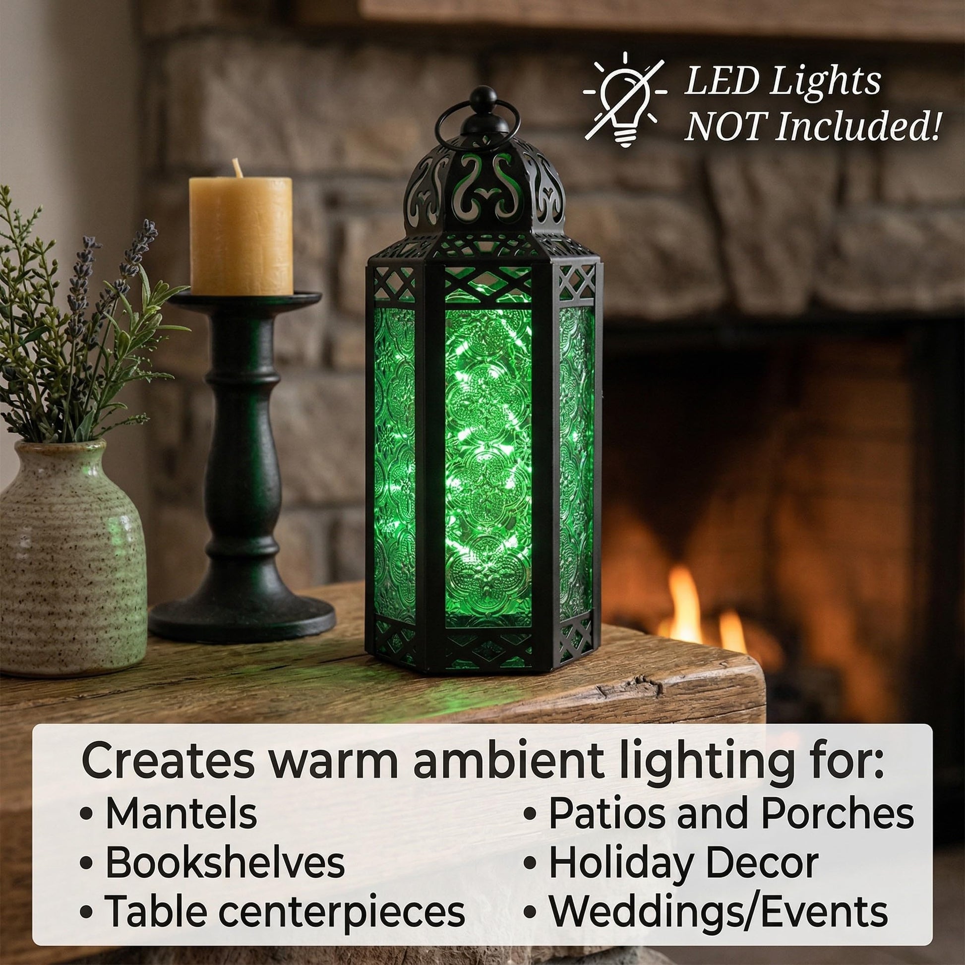 Black Metal Decorative Moroccan Lantern Candle Holder Lamp - Indoor/Outdoor, Home Decor, Patio, Weddings, Christmas - Green Medium - PT02