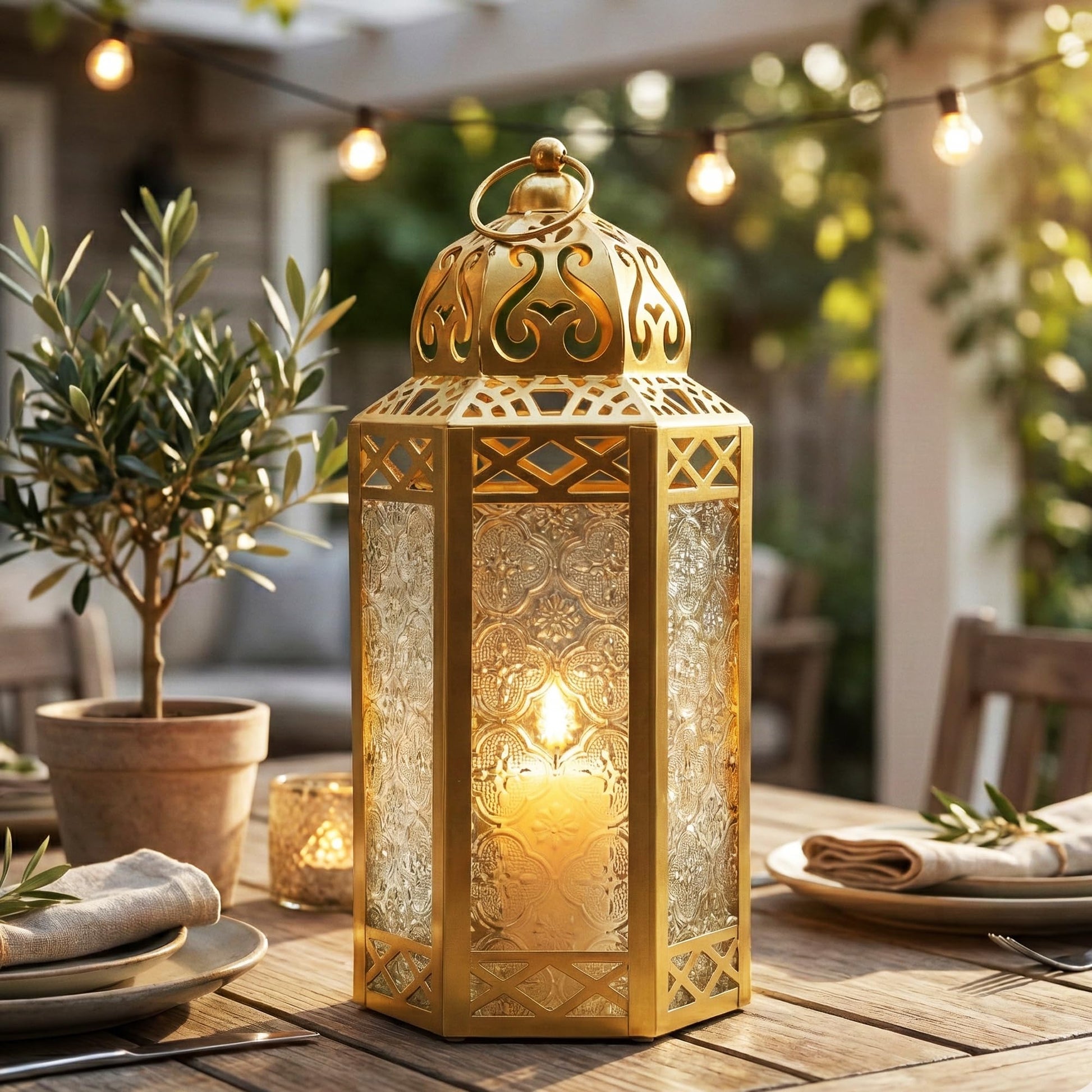 Gold Metal Decorative Moroccan Lantern Candle Holder Lamp - Indoor/Outdoor, Home Decor, Patio, Weddings, Christmas - Gold Large - PT04