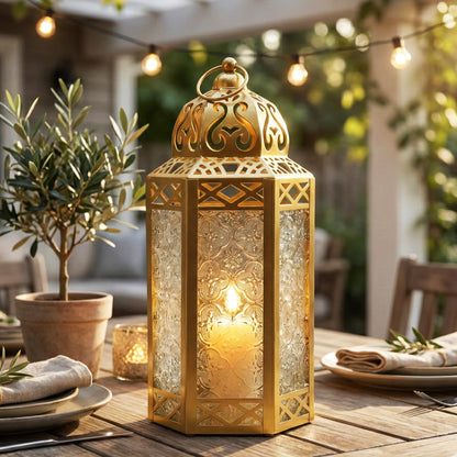 Gold Metal Decorative Moroccan Lantern Candle Holder Lamp - Indoor/Outdoor, Home Decor, Patio, Weddings, Christmas - Gold Large - PT04