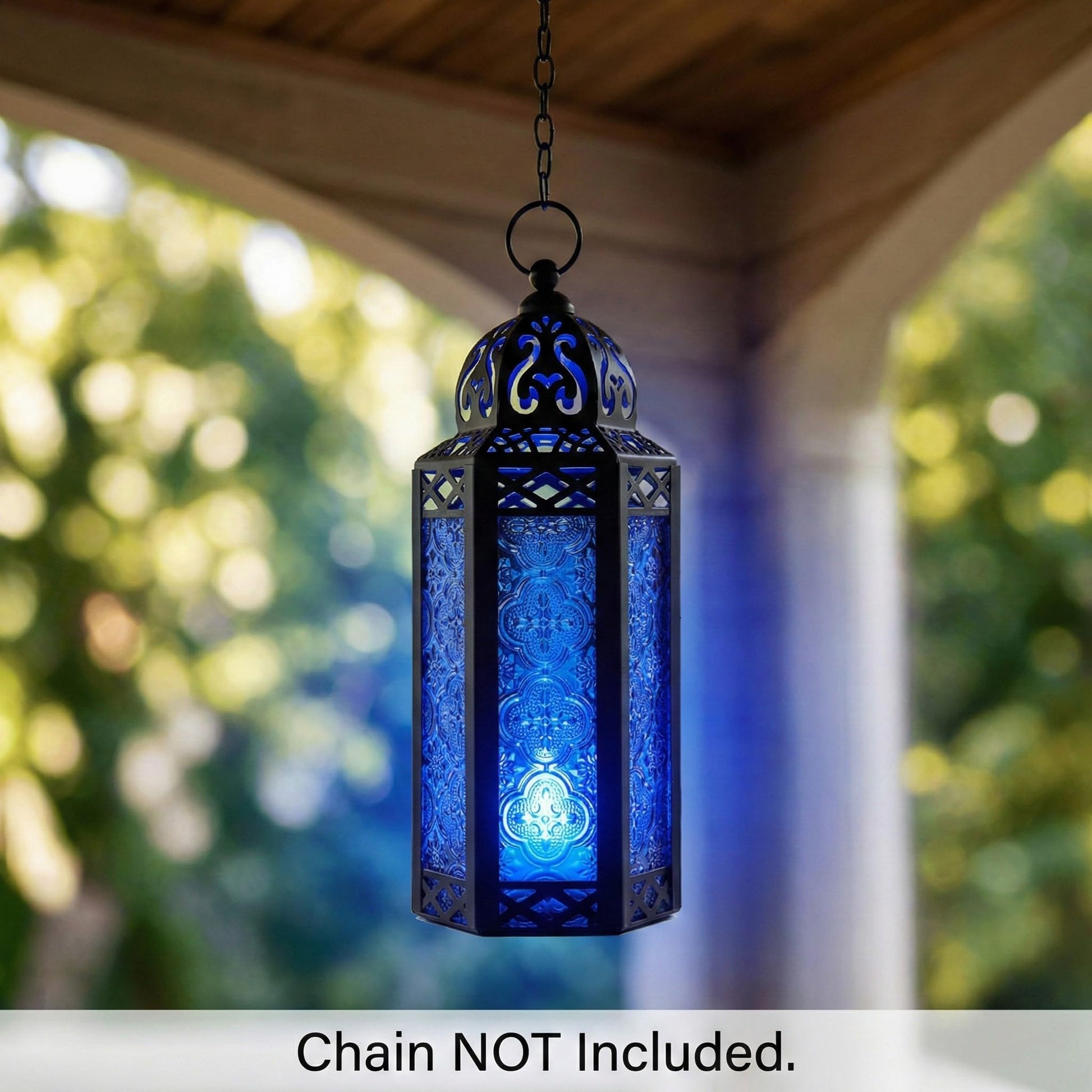 Black Metal Decorative Moroccan Lantern Candle Holder Lamp - Indoor/Outdoor, Home Decor, Patio, Weddings, Christmas - Cobalt Medium - PT07