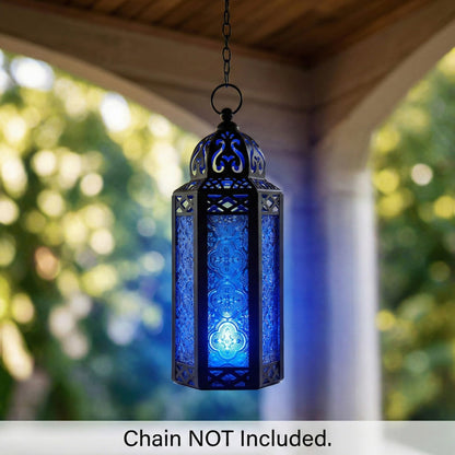 Black Metal Decorative Moroccan Lantern Candle Holder Lamp - Indoor/Outdoor, Home Decor, Patio, Weddings, Christmas - Cobalt Medium - PT07