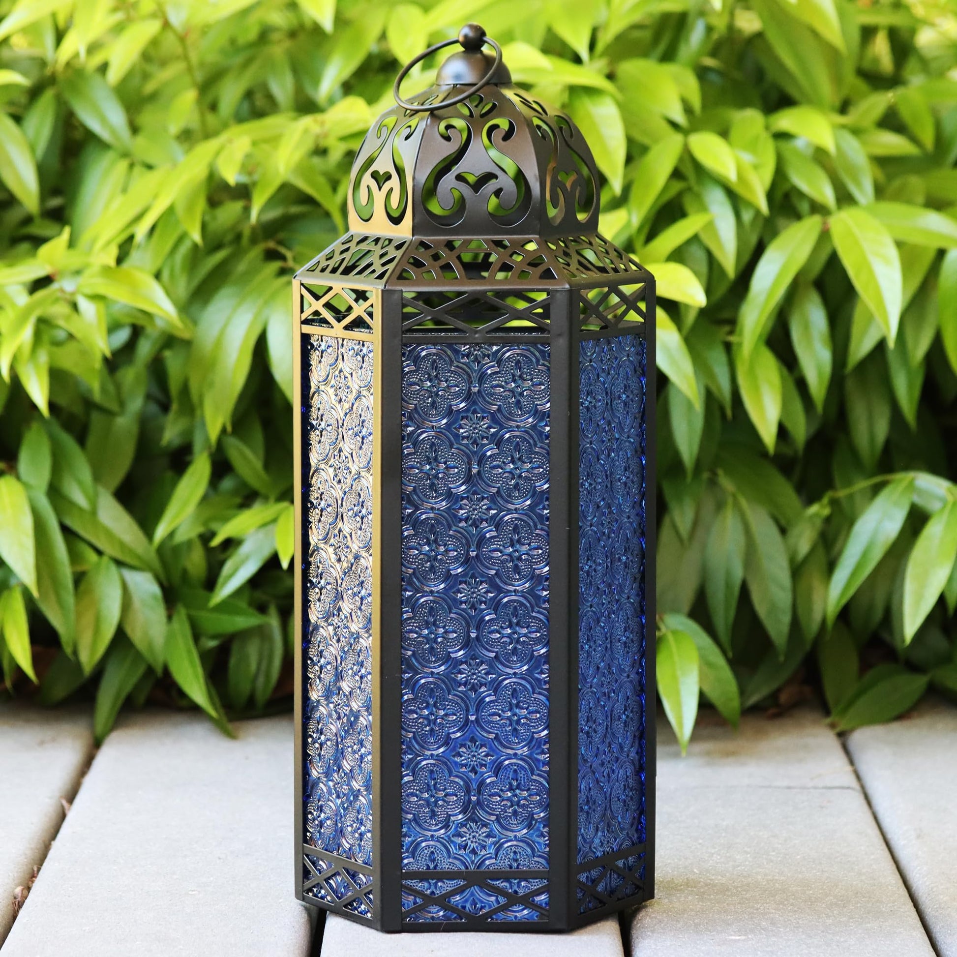 Black Metal Decorative Moroccan Lantern Candle Holder Lamp - Indoor/Outdoor, Home Decor, Patio, Weddings, Christmas - Cobalt Extra Large - PT01