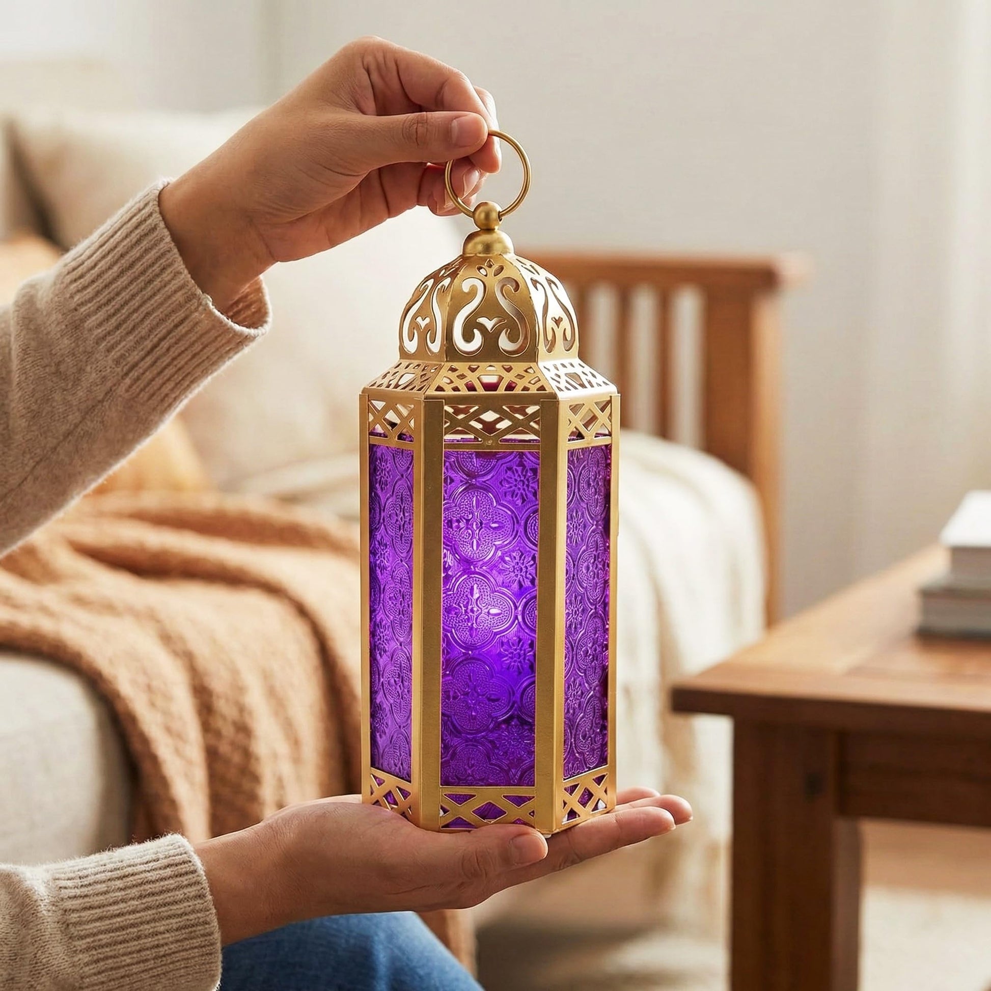 Gold Metal Decorative Moroccan Lantern Candle Holder Lamp - Indoor/Outdoor, Home Decor, Patio, Weddings, Christmas - Gold/Purple Medium - PT03