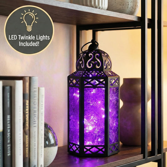 Metal Moroccan Decorative LED Fairy Lights Candle Lantern Holders for Indoor Home Fantasy Decor, Table Centerpieces, Outdoor Patio or Porch, Weddings, Medium - Purple Large - PT01