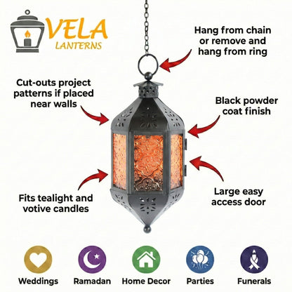 Hanging Moroccan Decorative Candle Lantern Holders for Outdoor Décor - Amber Orange Hanging - PT04