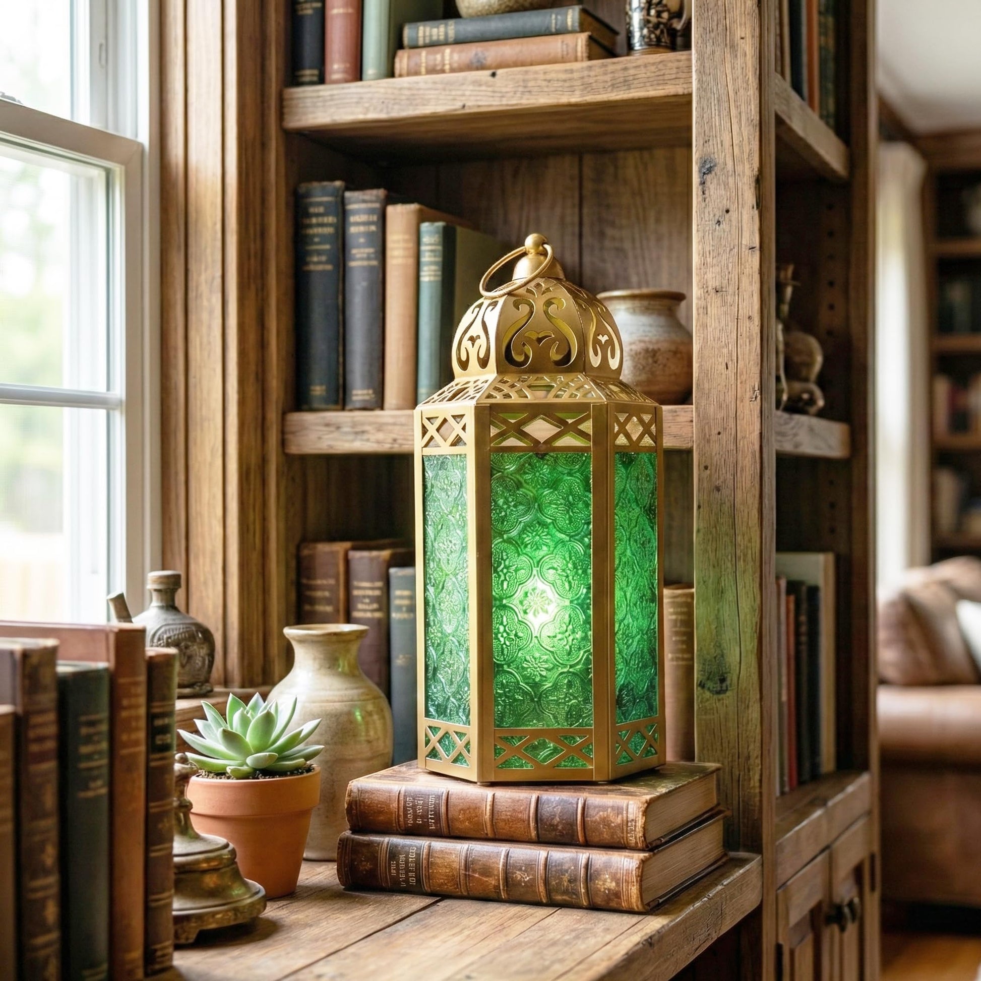 Gold Metal Decorative Moroccan Lantern Candle Holder Lamp - Indoor/Outdoor, Home Decor, Patio, Weddings, Christmas - Gold/Green Large - PT04
