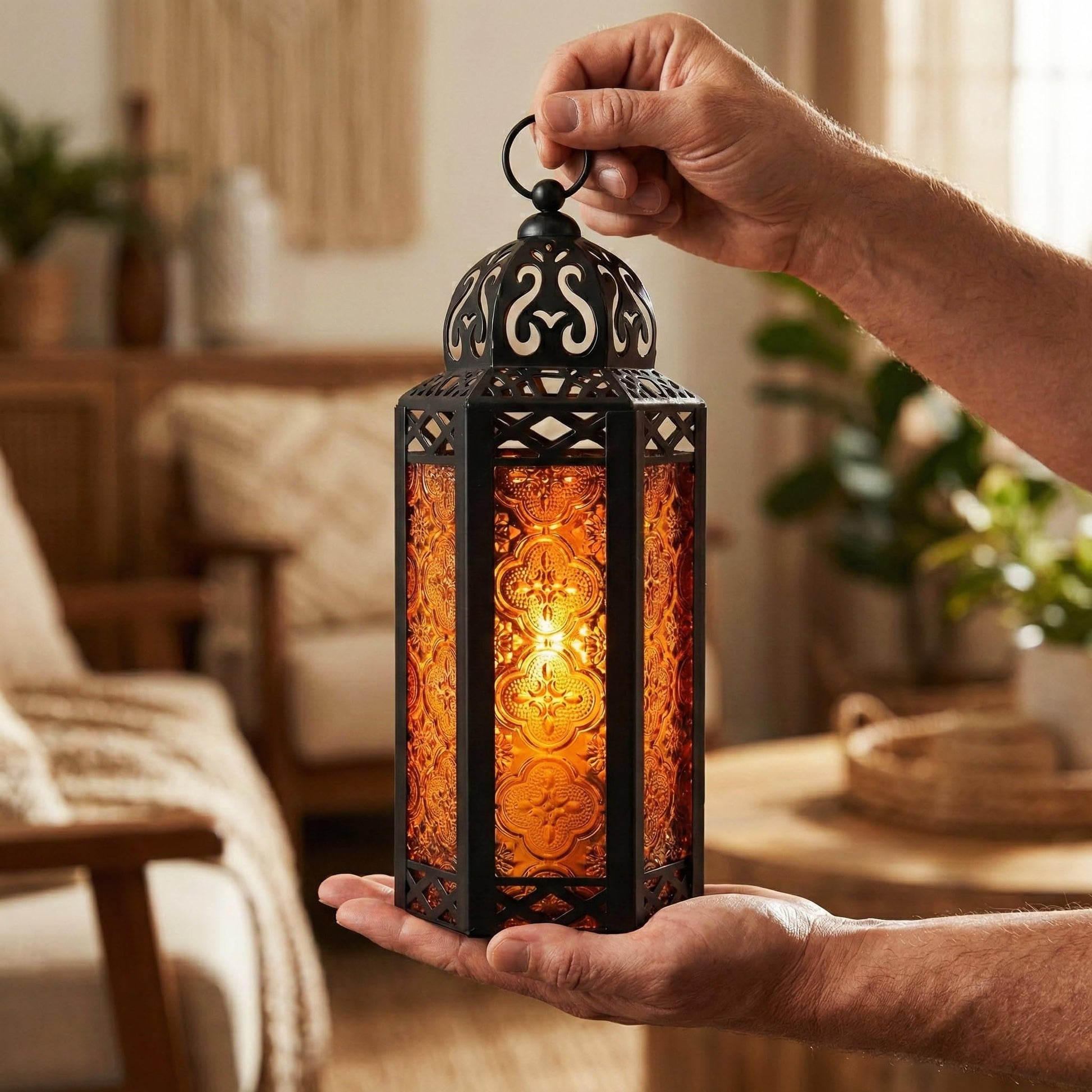 Black Metal Decorative Moroccan Lantern Candle Holder Lamp - Indoor/Outdoor, Home Decor, Patio, Weddings, Christmas - Amber Medium - PT05