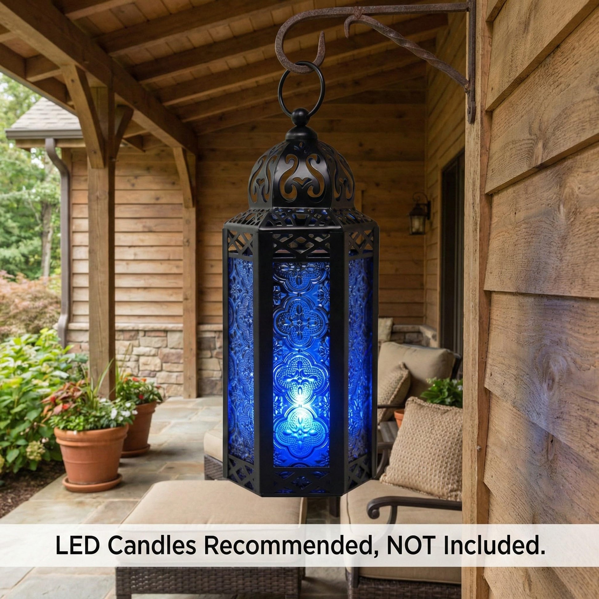 Black Metal Decorative Moroccan Lantern Candle Holder Lamp - Indoor/Outdoor, Home Decor, Patio, Weddings, Christmas - Cobalt Medium - PT04
