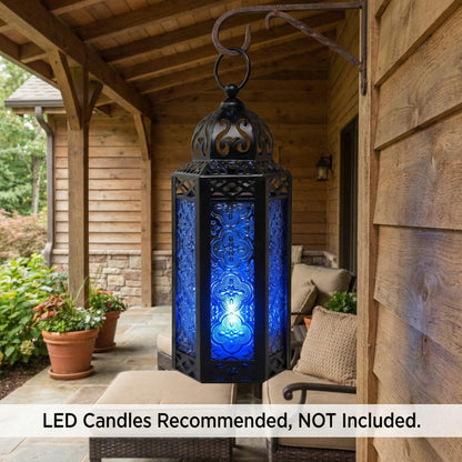 Black Metal Decorative Moroccan Lantern Candle Holder Lamp - Indoor/Outdoor, Home Decor, Patio, Weddings, Christmas - Cobalt Medium - PT04