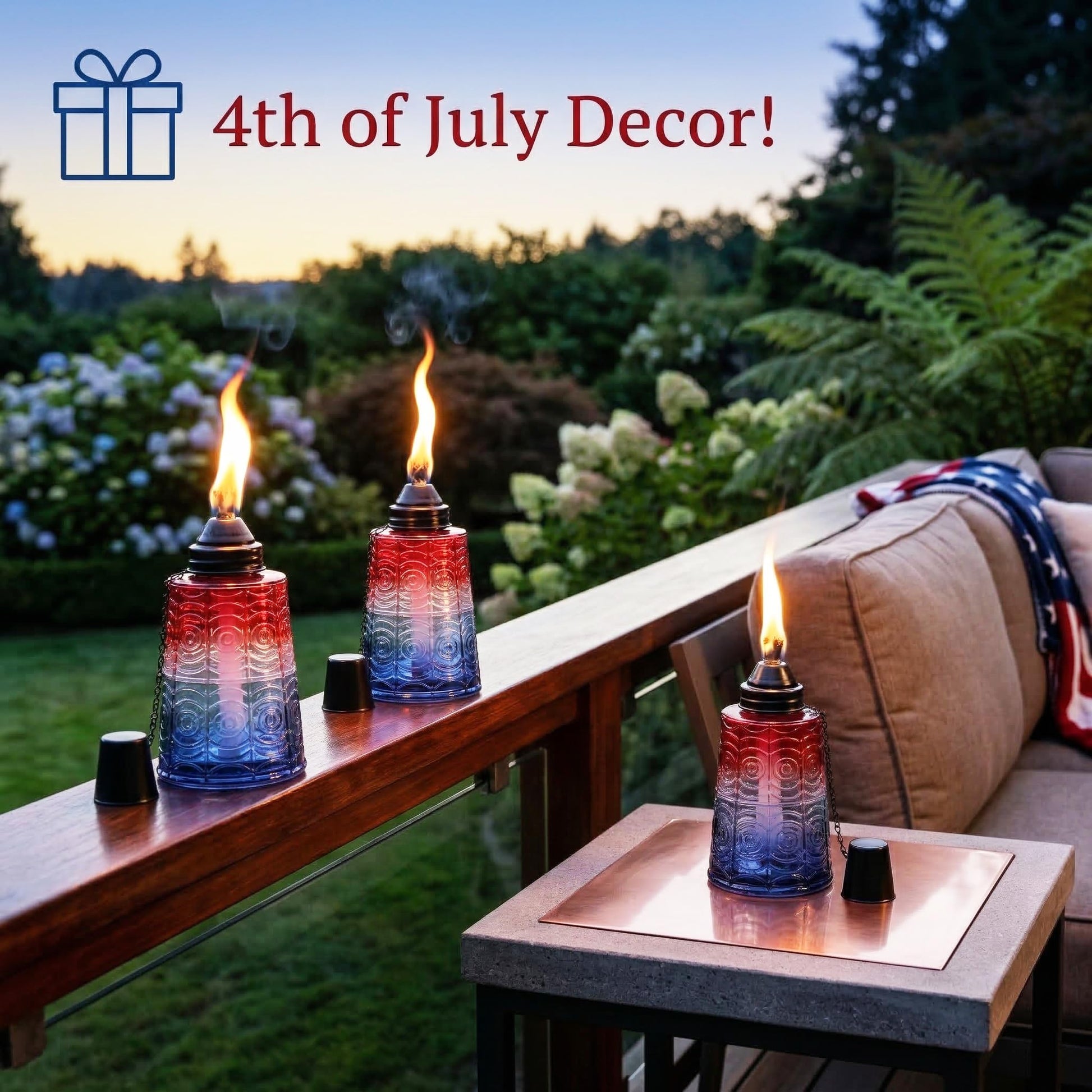 Citronella Table Top Torches for Outdoor Patio, 16oz Decorative Glass Torch Citronella Candles for Outside Deck, Garden, Parties, Set of 3, Red/White/Blue - Red/White/Blue - PT02