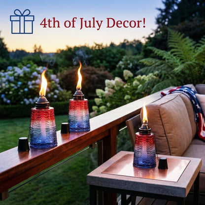Citronella Table Top Torches for Outdoor Patio, 16oz Decorative Glass Torch Citronella Candles for Outside Deck, Garden, Parties, Set of 3, Red/White/Blue - Red/White/Blue - PT02