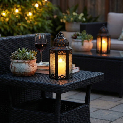 Black Metal Decorative Moroccan Lantern Candle Holder Lamp - Indoor/Outdoor, Home Decor, Patio, Weddings, Christmas - Clear Small - PT07