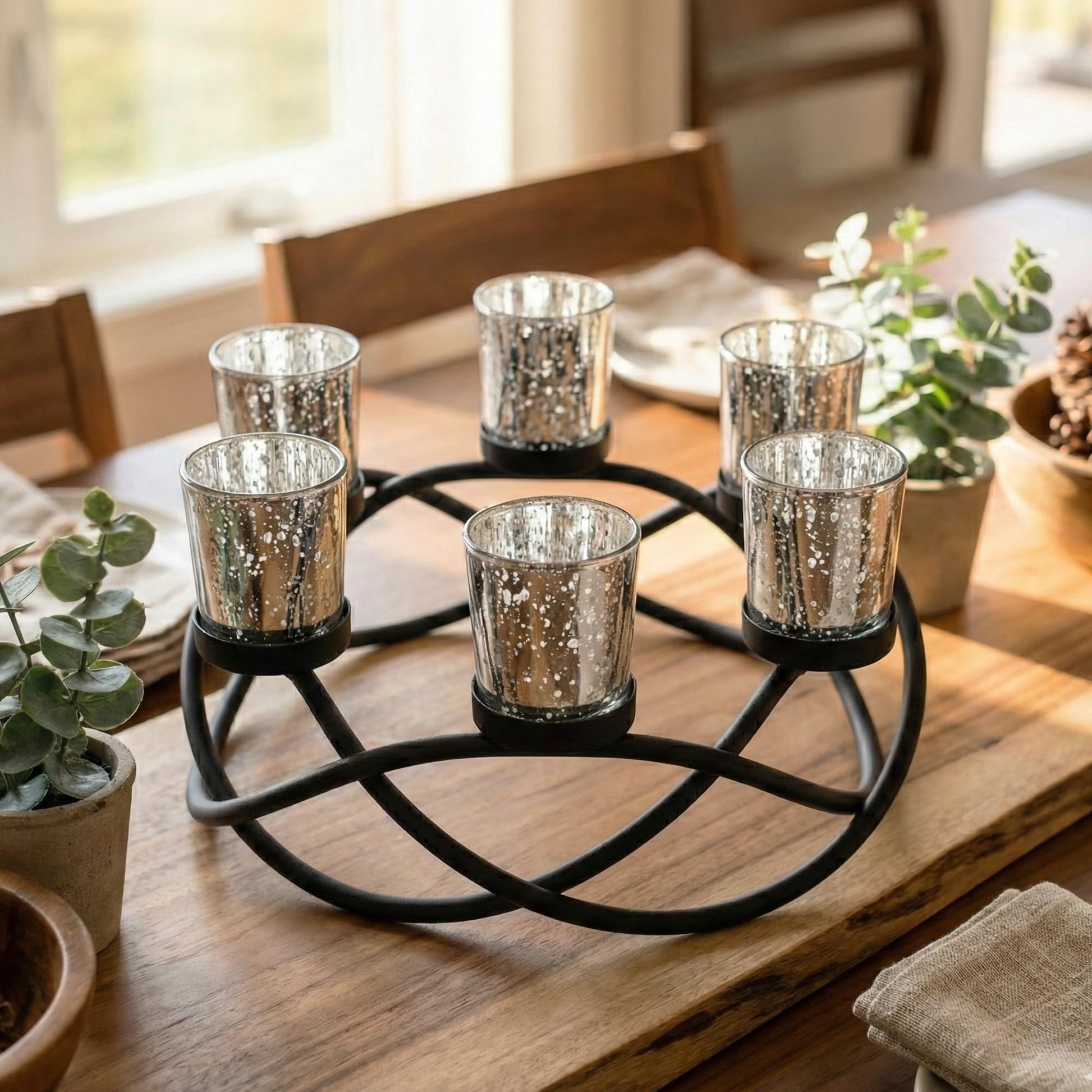 Iron Round Table Decor Christmas Centerpiece Decorations Candle Holder for Weddings, Outdoor Patio, Dining Room, and Coffee Tables, Glass Votive Tealight Holder - Black/Silver 6-Cup - PT01