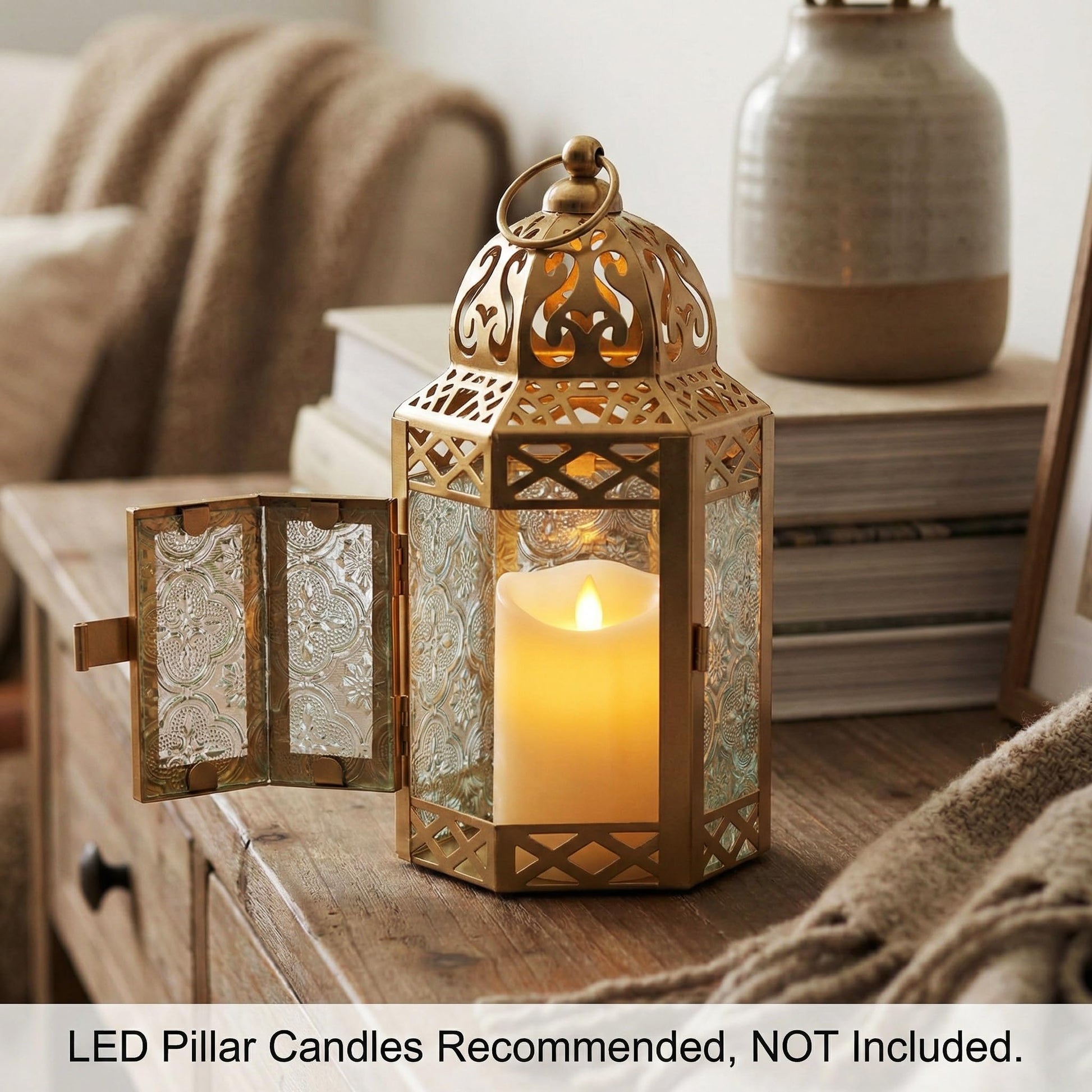 Gold Metal Decorative Moroccan Lantern Candle Holder Lamp - Indoor/Outdoor, Home Decor, Patio, Weddings, Christmas - Gold Small - PT08