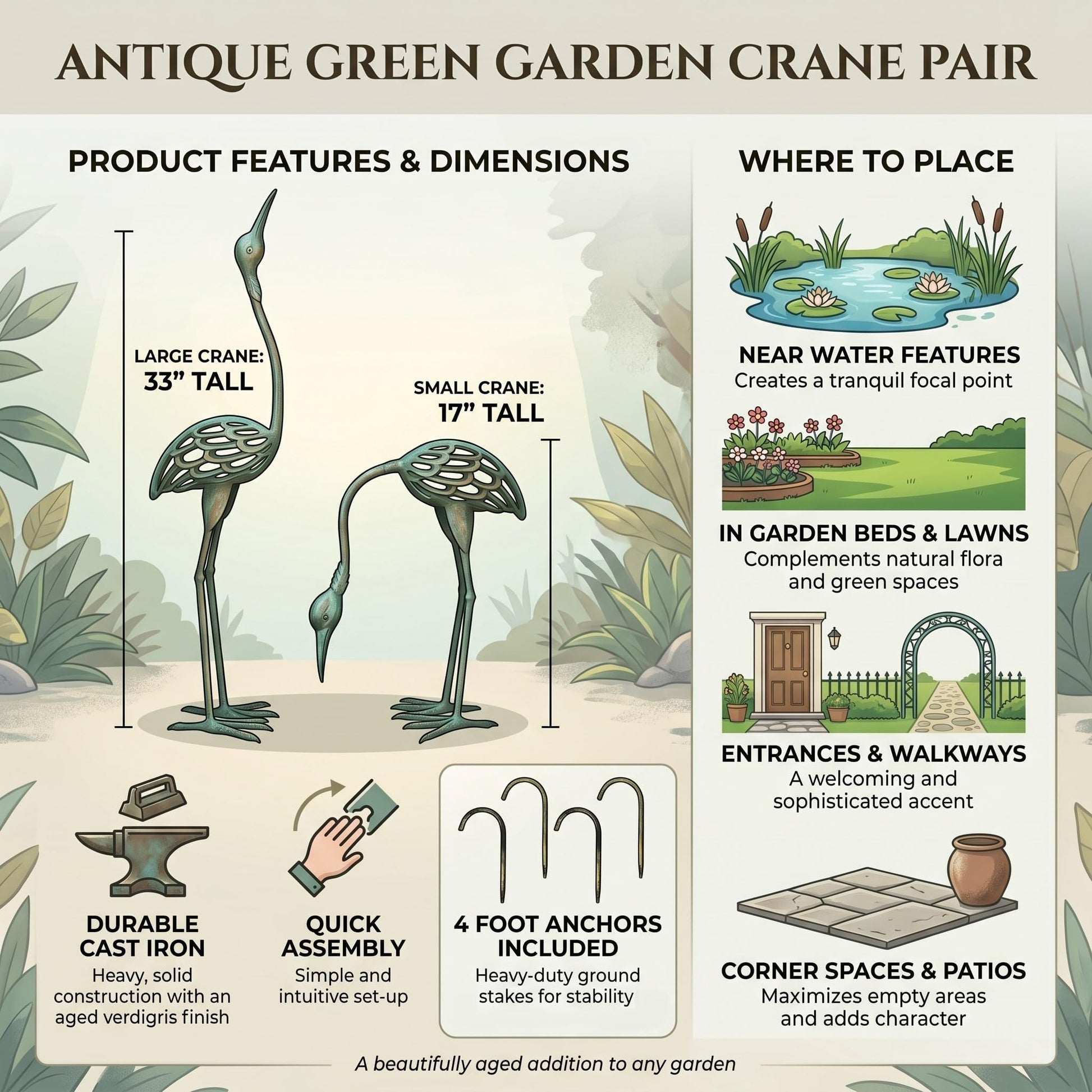 Cast Iron Metal Crane/Heron Bird Garden Art Sculptures Statues for Indoor or Outdoor Lawn Decor, Antique Green, Set of 2 - Antique Green Garden Crane Set of 2 - PT03