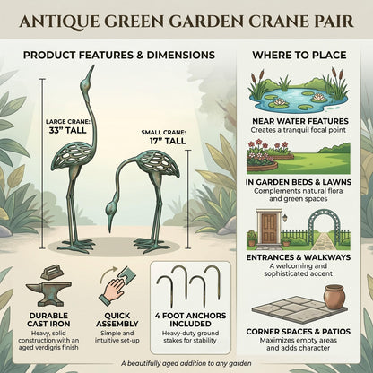Cast Iron Metal Crane/Heron Bird Garden Art Sculptures Statues for Indoor or Outdoor Lawn Decor, Antique Green, Set of 2 - Antique Green Garden Crane Set of 2 - PT03