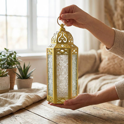 Metal Moroccan Decorative LED Fairy Lights Candle Lantern Holders for Indoor Home Fantasy Decor, Table Centerpieces, Outdoor Patio or Porch, Weddings, Medium - Gold Medium - PT07