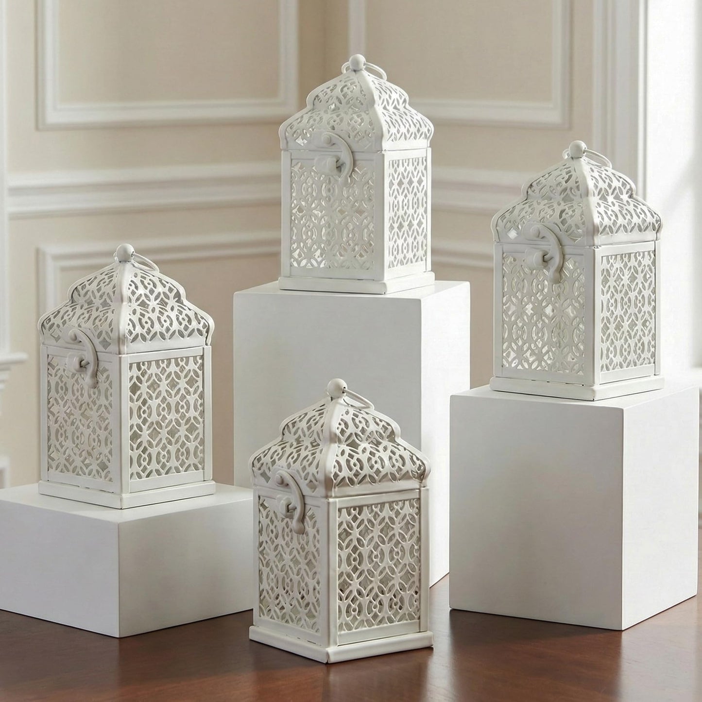 Mini Golden Tower Temple Moroccan Lantern Lamp Decorative Candle Holders for Ramadan Decorations, Hanging, Outdoor Patio or Porch, Indoor Home Decor, Set of 4 - White Mini - MAIN