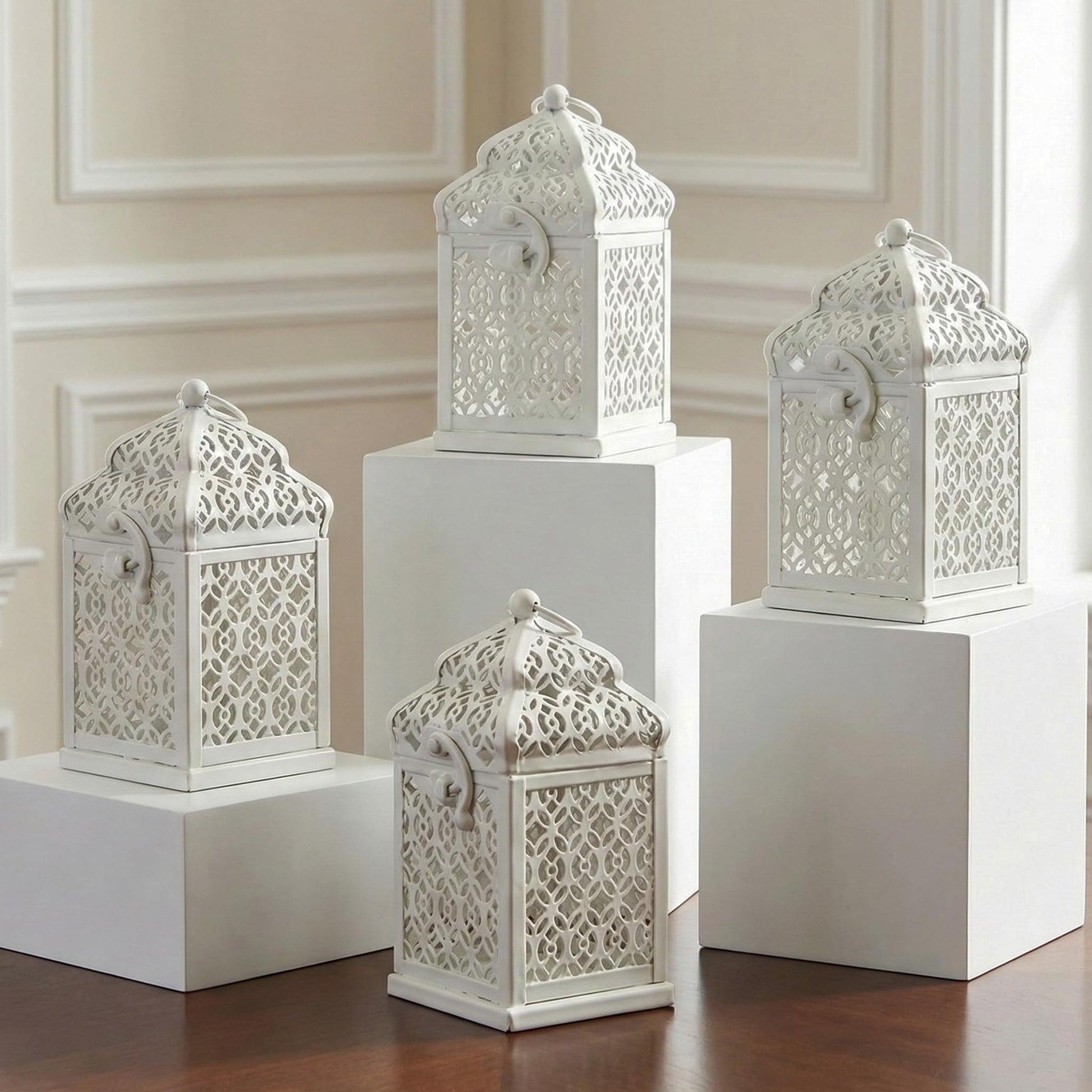 Mini Golden Tower Temple Moroccan Lantern Lamp Decorative Candle Holders for Ramadan Decorations, Hanging, Outdoor Patio or Porch, Indoor Home Decor, Set of 4 - White Mini - MAIN