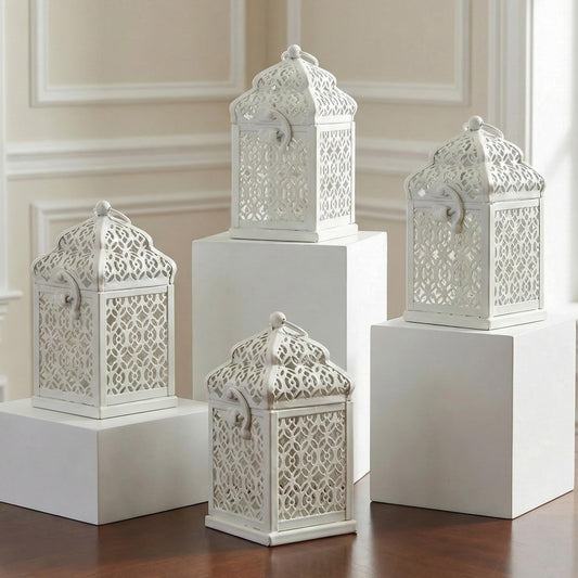 Mini Golden Tower Temple Moroccan Lantern Lamp Decorative Candle Holders for Ramadan Decorations, Hanging, Outdoor Patio or Porch, Indoor Home Decor, Set of 4 - White Mini - MAIN
