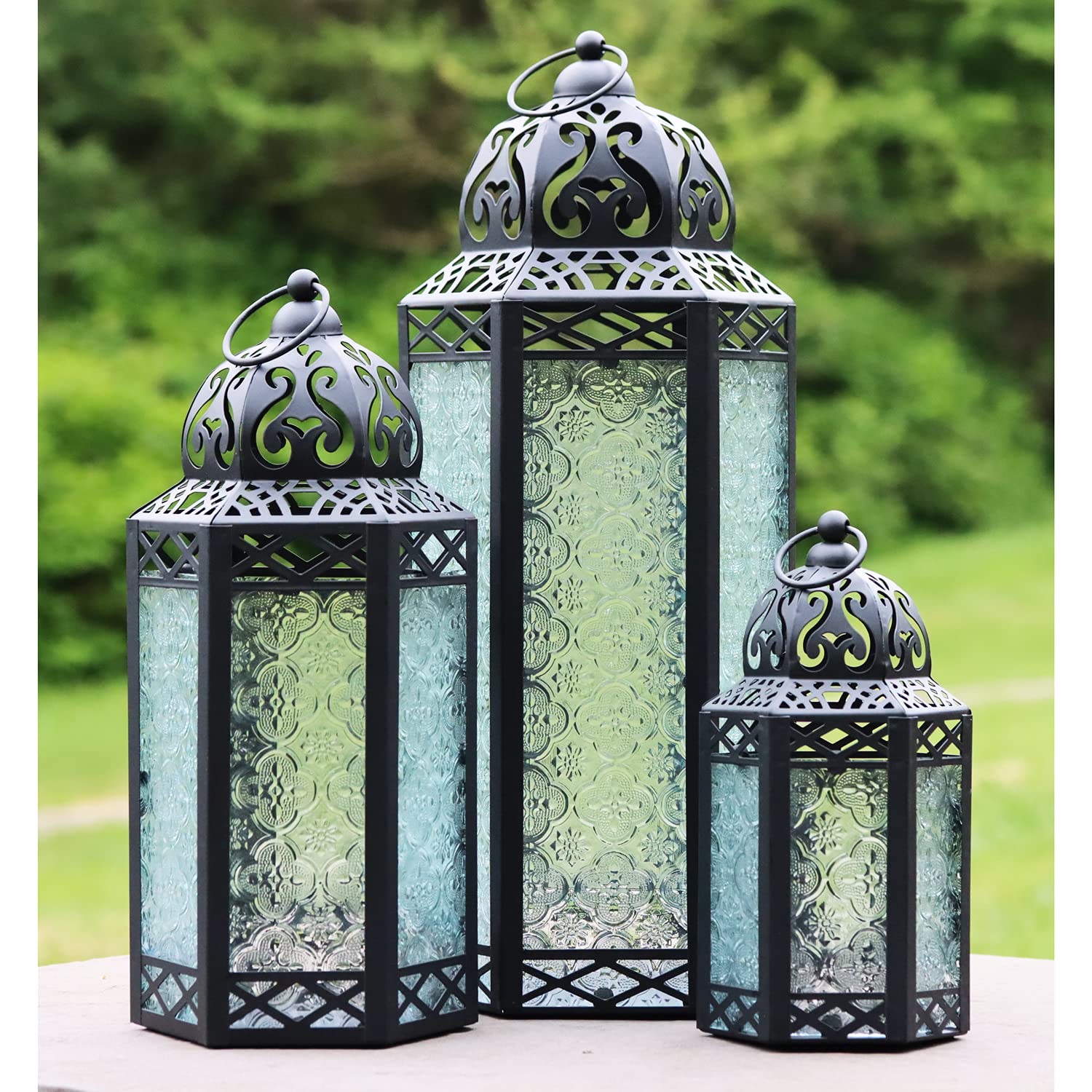 Set of 3 Clear Glass & Black Metal Moroccan Candle Lantern Holders (XL, Large, Small) - Decorative Indoor/Outdoor Decor for Patio, Floor, Weddings & Ramadan - Clear XL-LAR-SM - MAIN