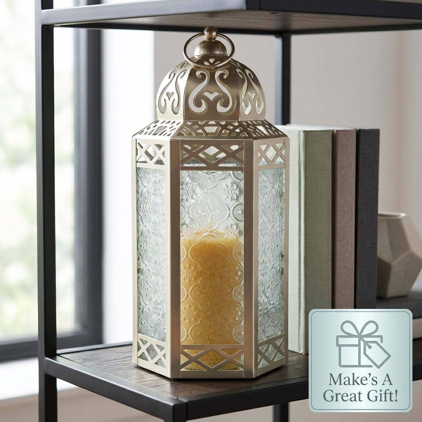 Black Metal Decorative Moroccan Lantern Candle Holder Lamp - Indoor/Outdoor, Home Decor, Patio, Weddings, Christmas - White Gold Large - PT06
