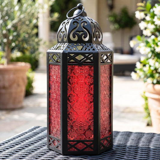Black Metal Decorative Moroccan Lantern Candle Holder Lamp - Indoor/Outdoor, Home Decor, Patio, Weddings, Christmas - Red Large - PT01