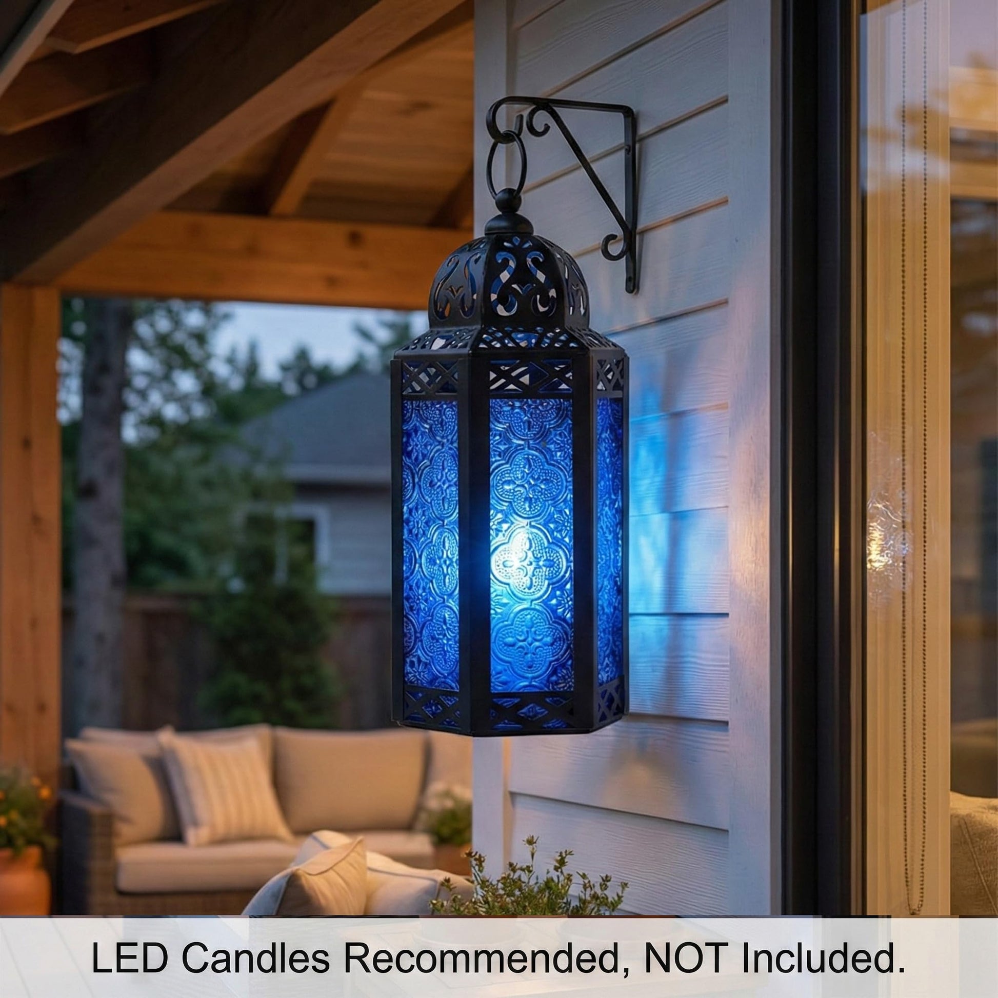 Black Metal Decorative Moroccan Lantern Candle Holder Lamp - Indoor/Outdoor, Home Decor, Patio, Weddings, Christmas - Cobalt Large - PT05