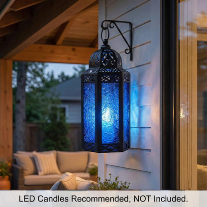 Black Metal Decorative Moroccan Lantern Candle Holder Lamp - Indoor/Outdoor, Home Decor, Patio, Weddings, Christmas - Cobalt Large - PT05