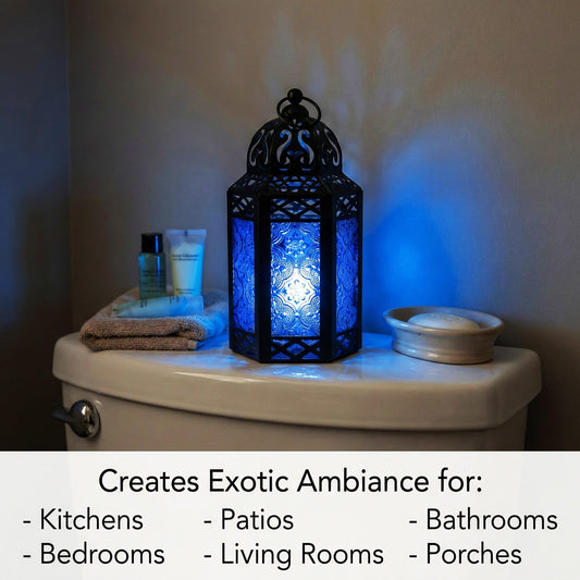 Black Metal Decorative Moroccan Lantern Candle Holder Lamp - Indoor/Outdoor, Home Decor, Patio, Weddings, Christmas - Cobalt Small - PT01