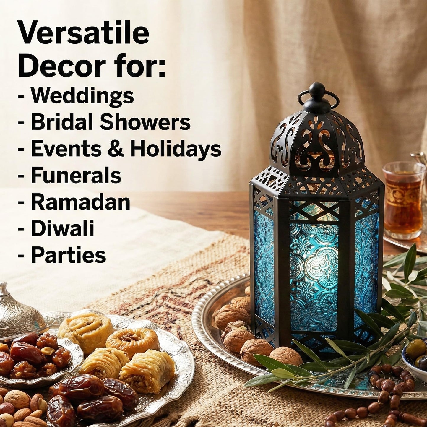 Black Metal Decorative Moroccan Lantern Candle Holder Lamp - Indoor/Outdoor, Home Decor, Patio, Weddings, Christmas - Blue Small - PT03