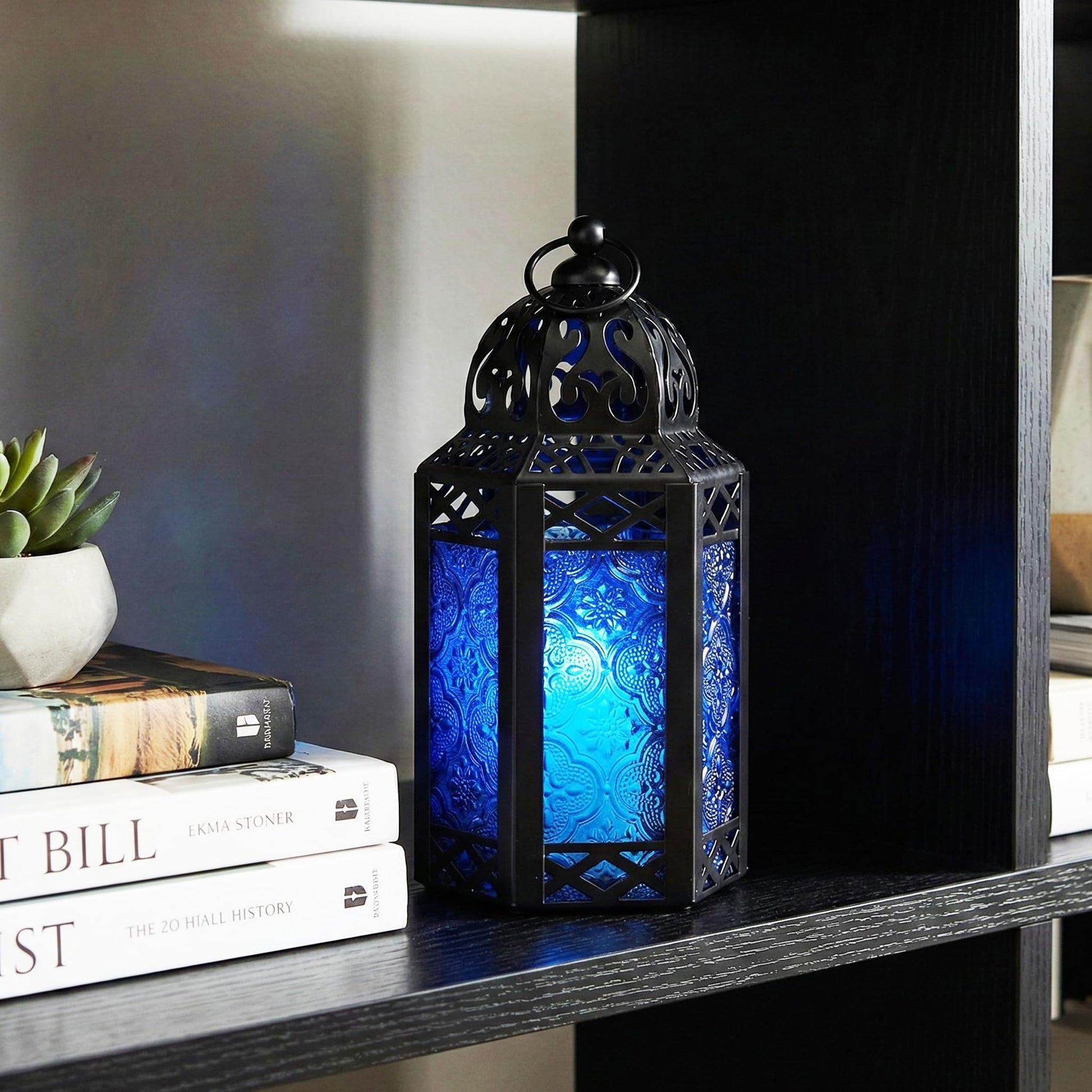 Black Metal Decorative Moroccan Lantern Candle Holder Lamp - Indoor/Outdoor, Home Decor, Patio, Weddings, Christmas - Cobalt Small - PT03