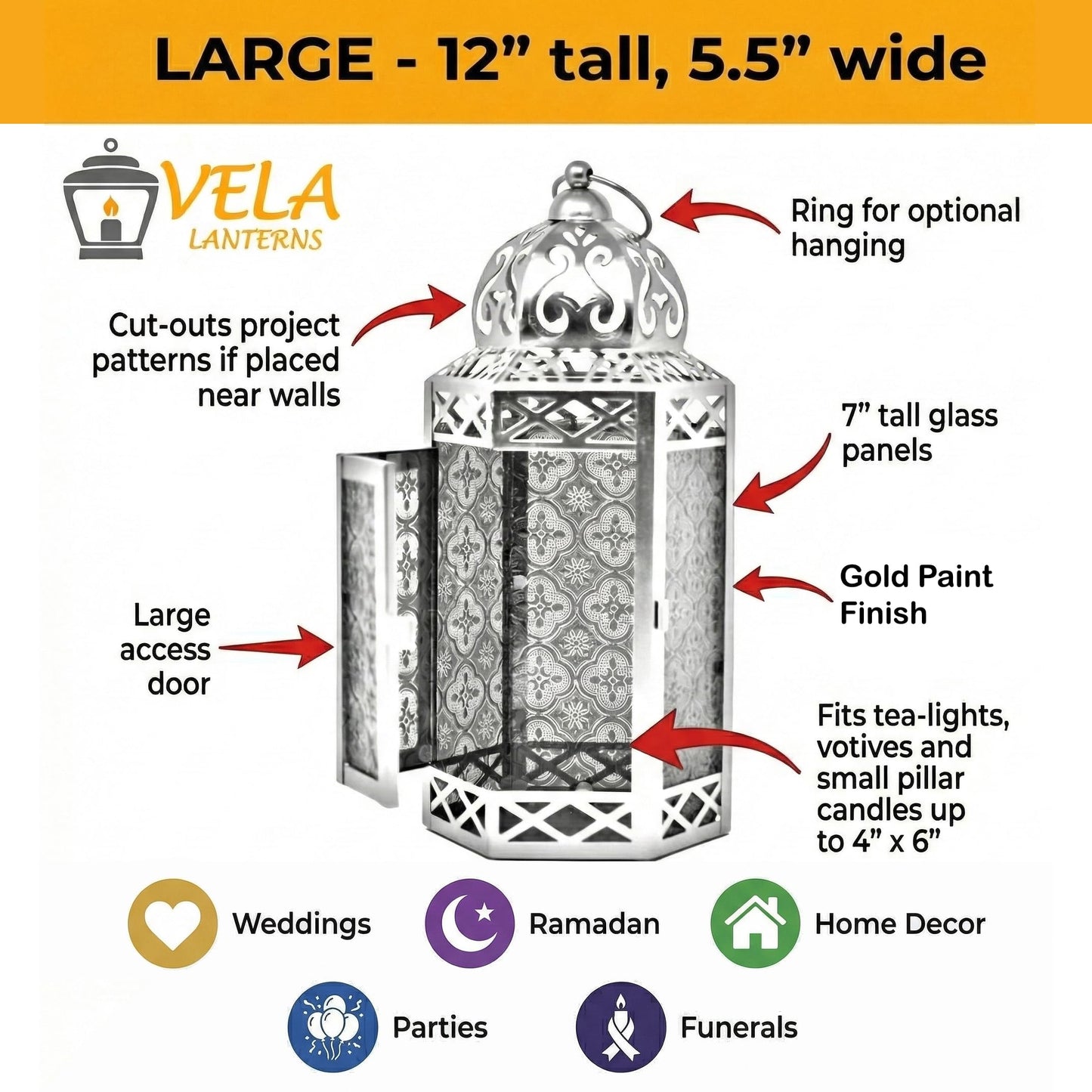 Gold Metal Decorative Moroccan Lantern Candle Holder Lamp - Indoor/Outdoor, Home Decor, Patio, Weddings, Christmas - Gold/Purple Large - PT03