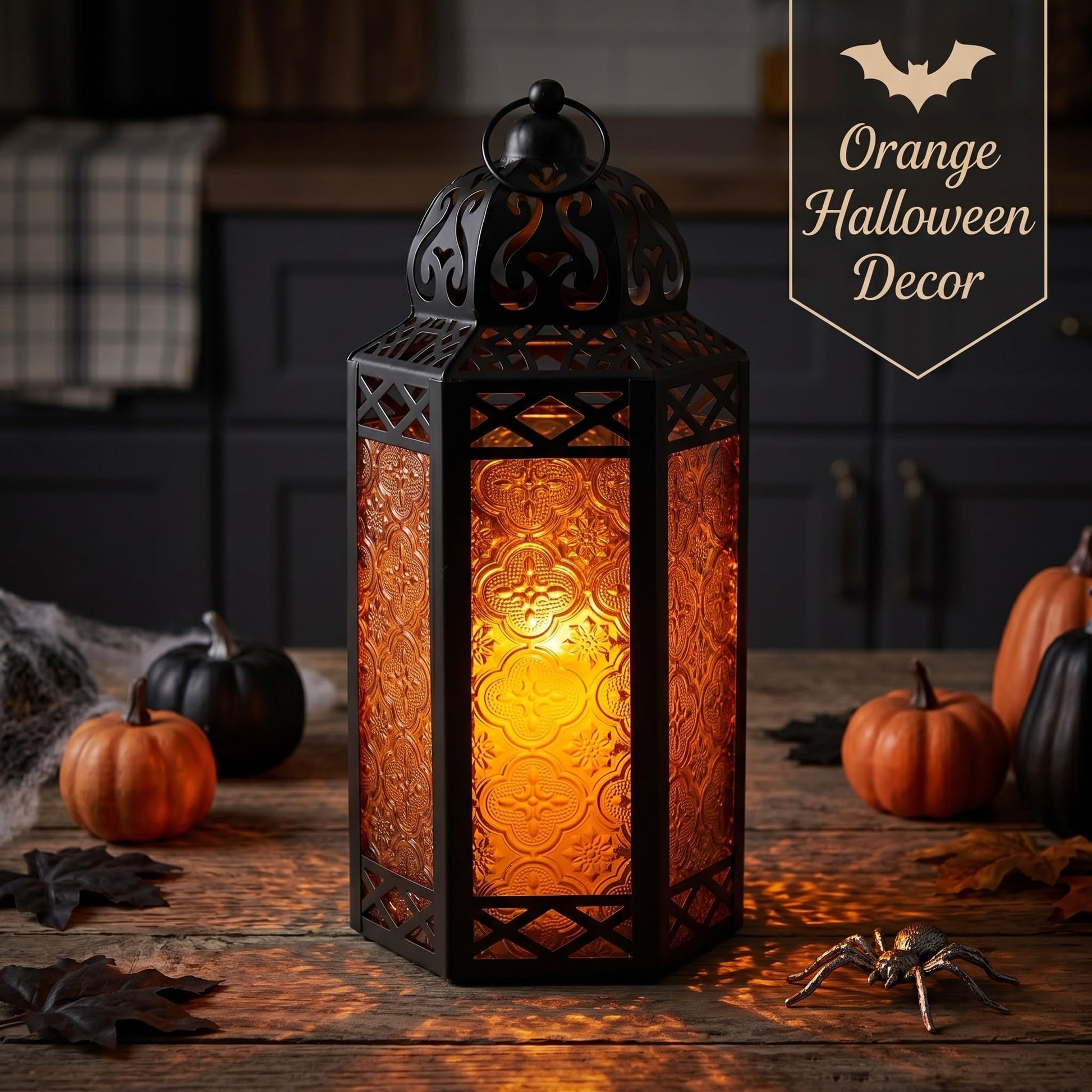 Black Metal Decorative Moroccan Lantern Candle Holder Lamp - Indoor/Outdoor, Home Decor, Patio, Weddings, Christmas - Amber Large - PT07
