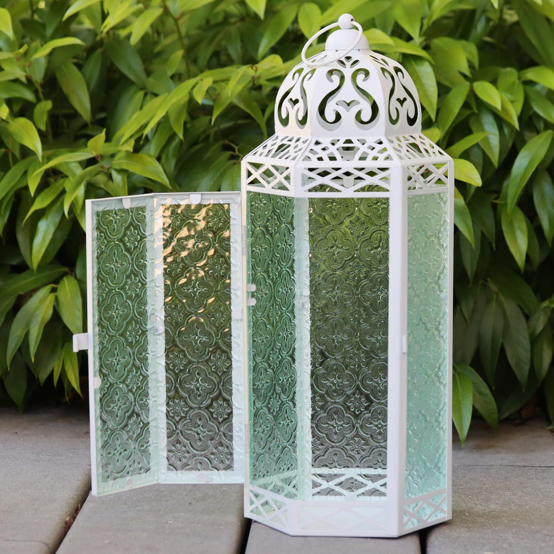 Black Metal Decorative Moroccan Lantern Candle Holder Lamp - Indoor/Outdoor, Home Decor, Patio, Weddings, Christmas - White/Clear Extra Large - PT02